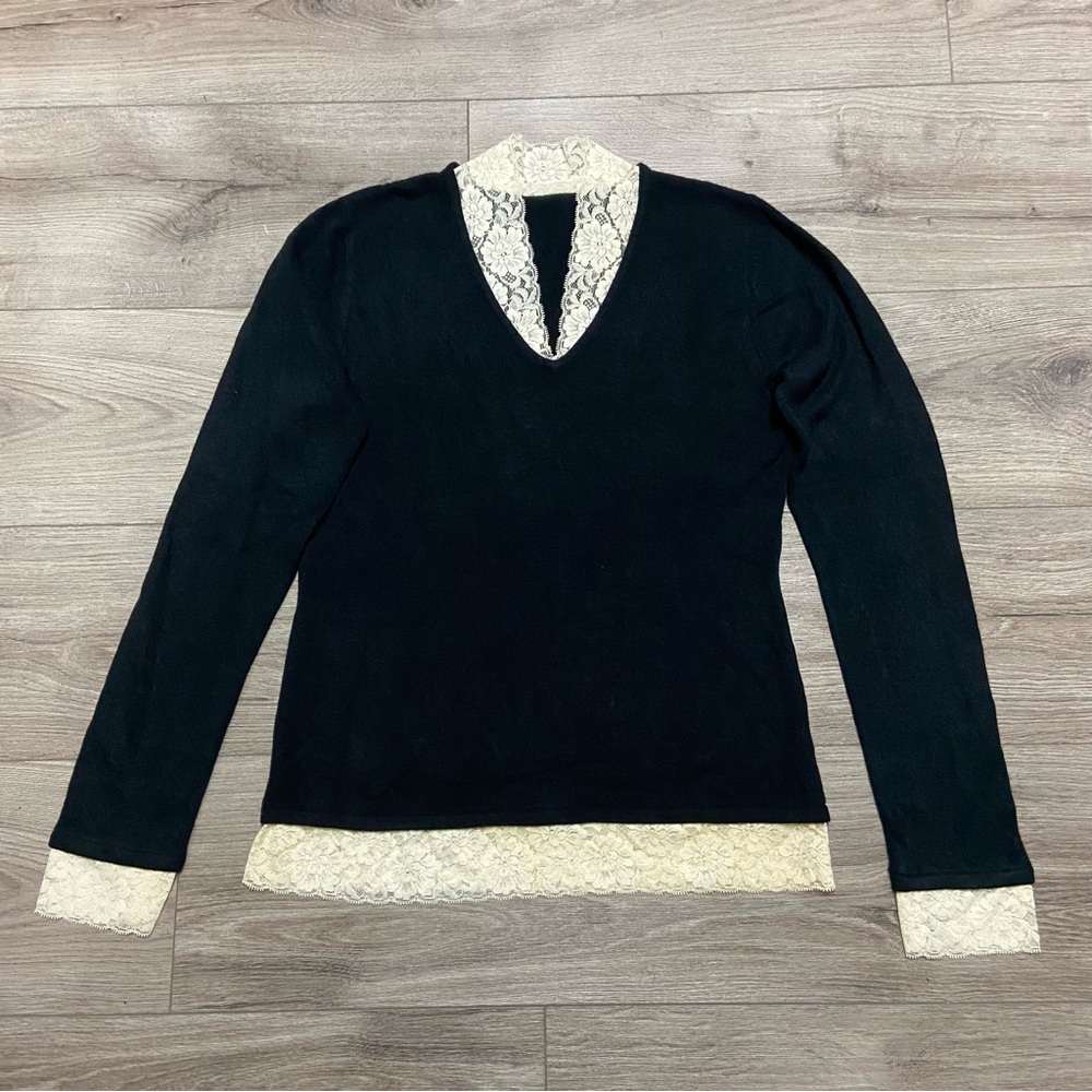 Vintage Sweater Whitchy Vampire Lace Trim Fitted Long Sleeve Black Top